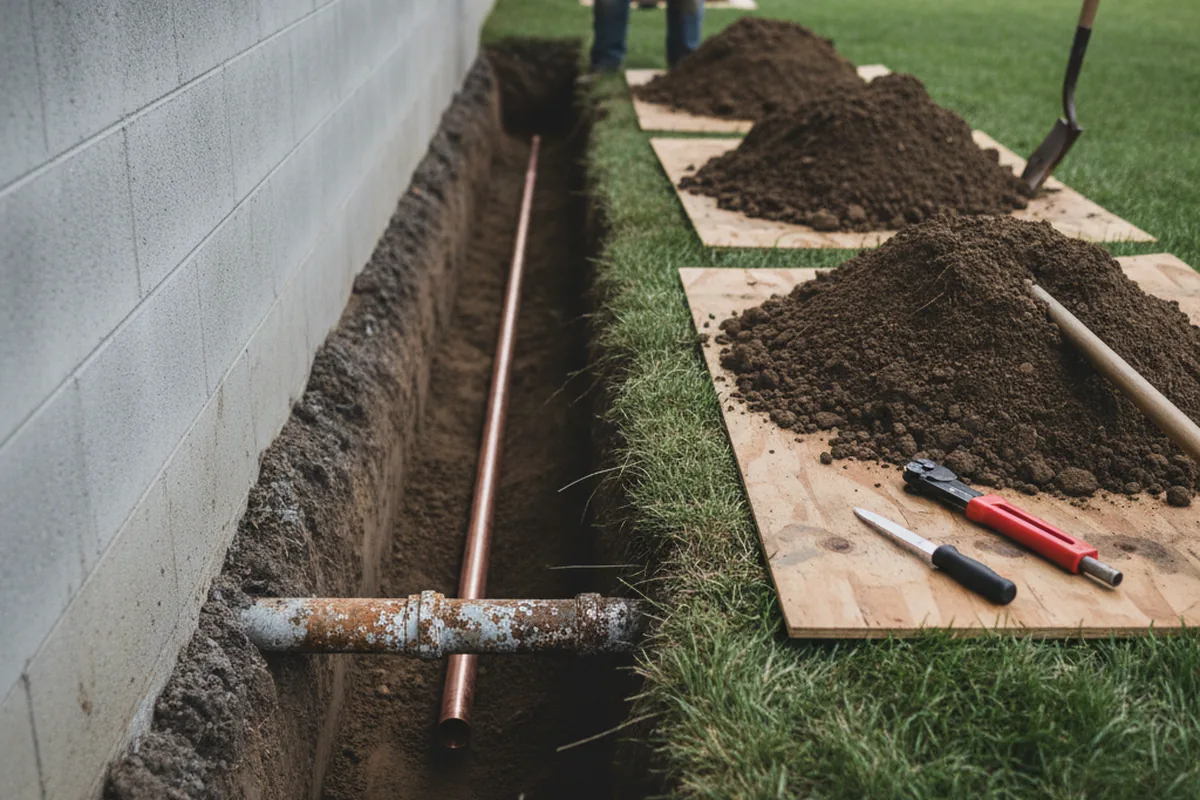 Excavated water line trench during Water Softener Installation in Murrayville